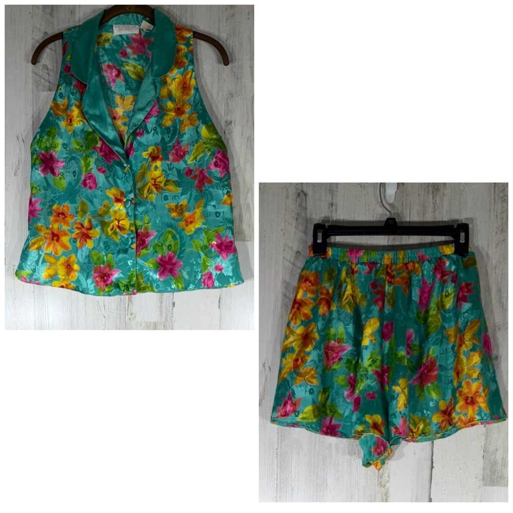 Victorias Secret Short Set Pajama Medium Teal Floral Satin Gold Label Sleeveless